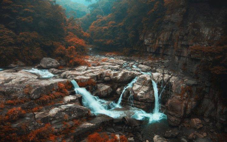 nature, Landscape, Fall, Forest, Waterfall, Trees, River, Mist, Shrubs, Taiwan HD Wallpaper Desktop Background