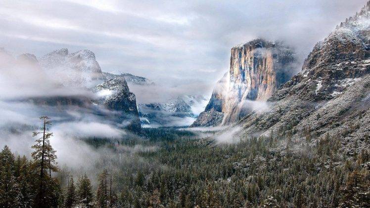 nature, Landscape, Mountain, Clouds, USA, Winter, Morning, Forest, Mist, Rock, Hill, Pine Trees, Snow, Snowy Peak, Yosemite National Park HD Wallpaper Desktop Background