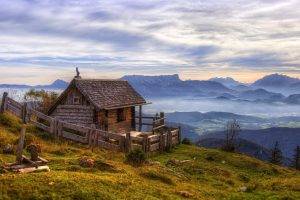 nature, Landscape, Mist, Sunrise, Mountain, Cabin, Cottage, Fence, Valley, Grass, Clouds, Salzburg, Austria