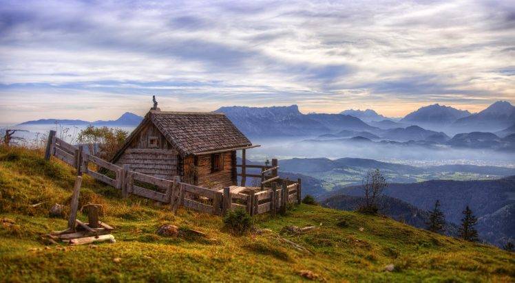 nature, Landscape, Mist, Sunrise, Mountain, Cabin, Cottage, Fence, Valley, Grass, Clouds, Salzburg, Austria HD Wallpaper Desktop Background