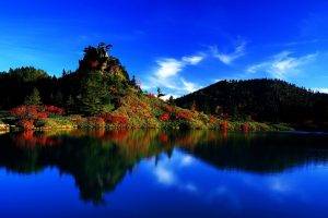 nature, Landscape, Clouds, Trees, Forest, Water, Reflection, Horizon, Japan, Lake, Fall, Hill, Rock, Colorful