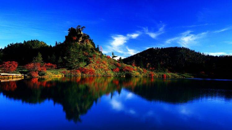 nature, Landscape, Clouds, Trees, Forest, Water, Reflection, Horizon, Japan, Lake, Fall, Hill, Rock, Colorful HD Wallpaper Desktop Background