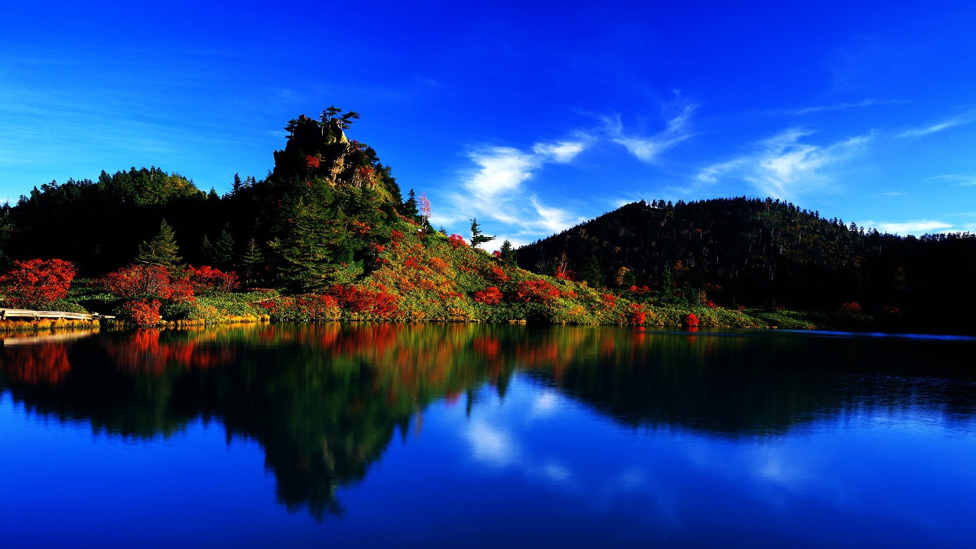 nature, Landscape, Clouds, Trees, Forest, Water, Reflection, Horizon, Japan, Lake, Fall, Hill, Rock, Colorful Wallpaper