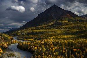 nature, Landscape, Alaska, Mountain, Forest, River, Fall, Clouds, Trees
