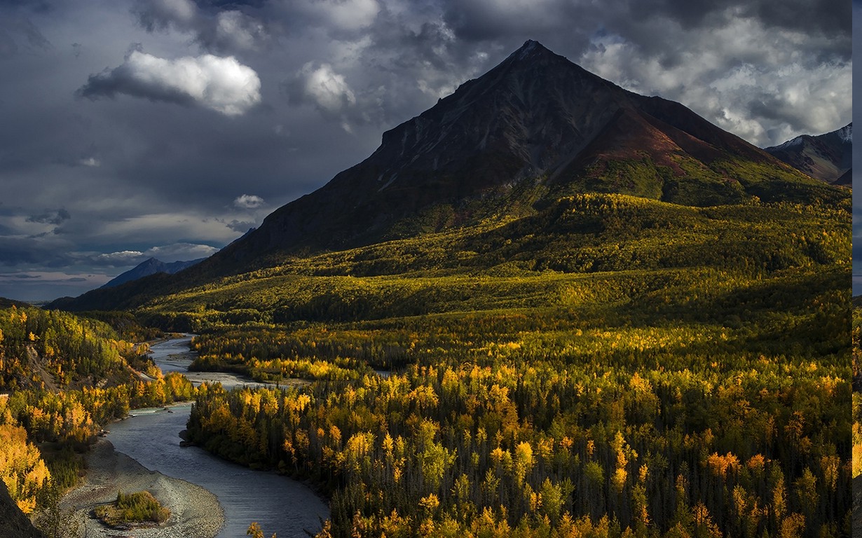 nature, Landscape, Alaska, Mountain, Forest, River, Fall, Clouds, Trees Wallpaper