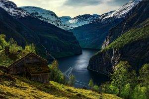 nature, Landscape, Geiranger, Fjord, Norway, Mountain, Cabin, Trees, Morning, Snowy Peak, Boat, Waterfall, Grass