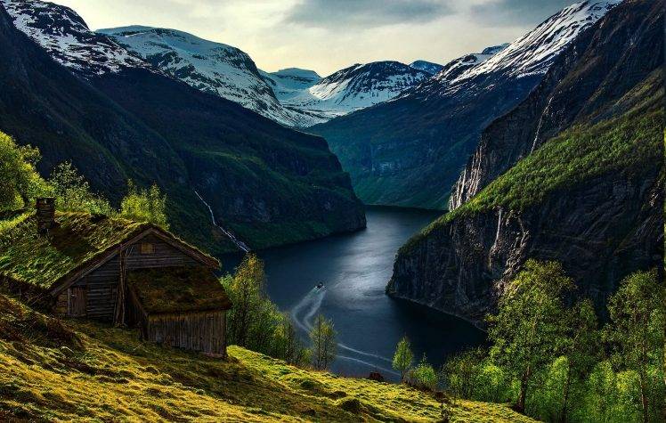 nature, Landscape, Geiranger, Fjord, Norway, Mountain, Cabin, Trees, Morning, Snowy Peak, Boat, Waterfall, Grass HD Wallpaper Desktop Background