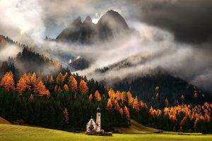 nature, Mist, Landscape, Italy, Alps, Church, Clouds, Mountain, Forest, Fall, Grass, Trees