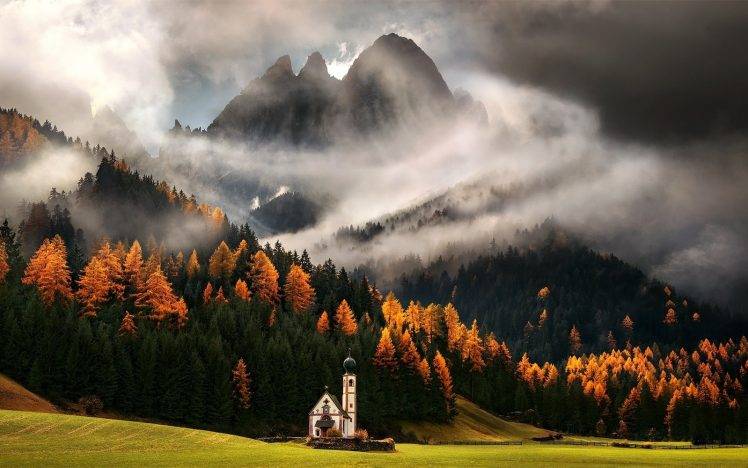 nature, Mist, Landscape, Italy, Alps, Church, Clouds, Mountain, Forest, Fall, Grass, Trees HD Wallpaper Desktop Background