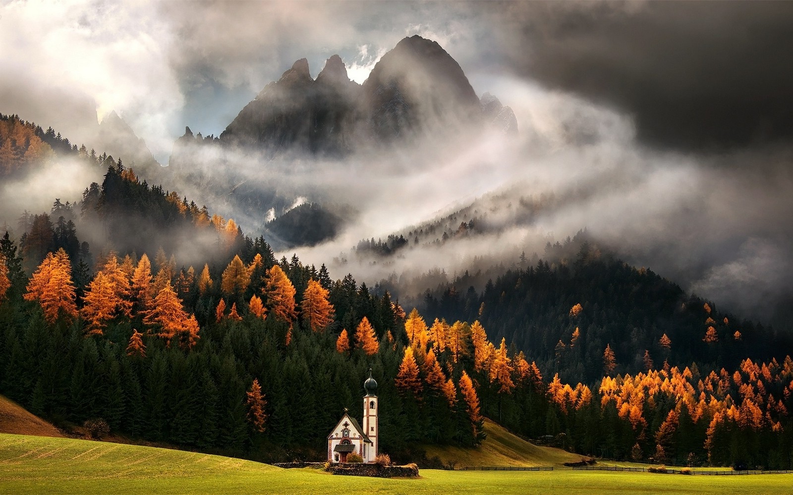nature, Mist, Landscape, Italy, Alps, Church, Clouds, Mountain, Forest, Fall, Grass, Trees Wallpaper