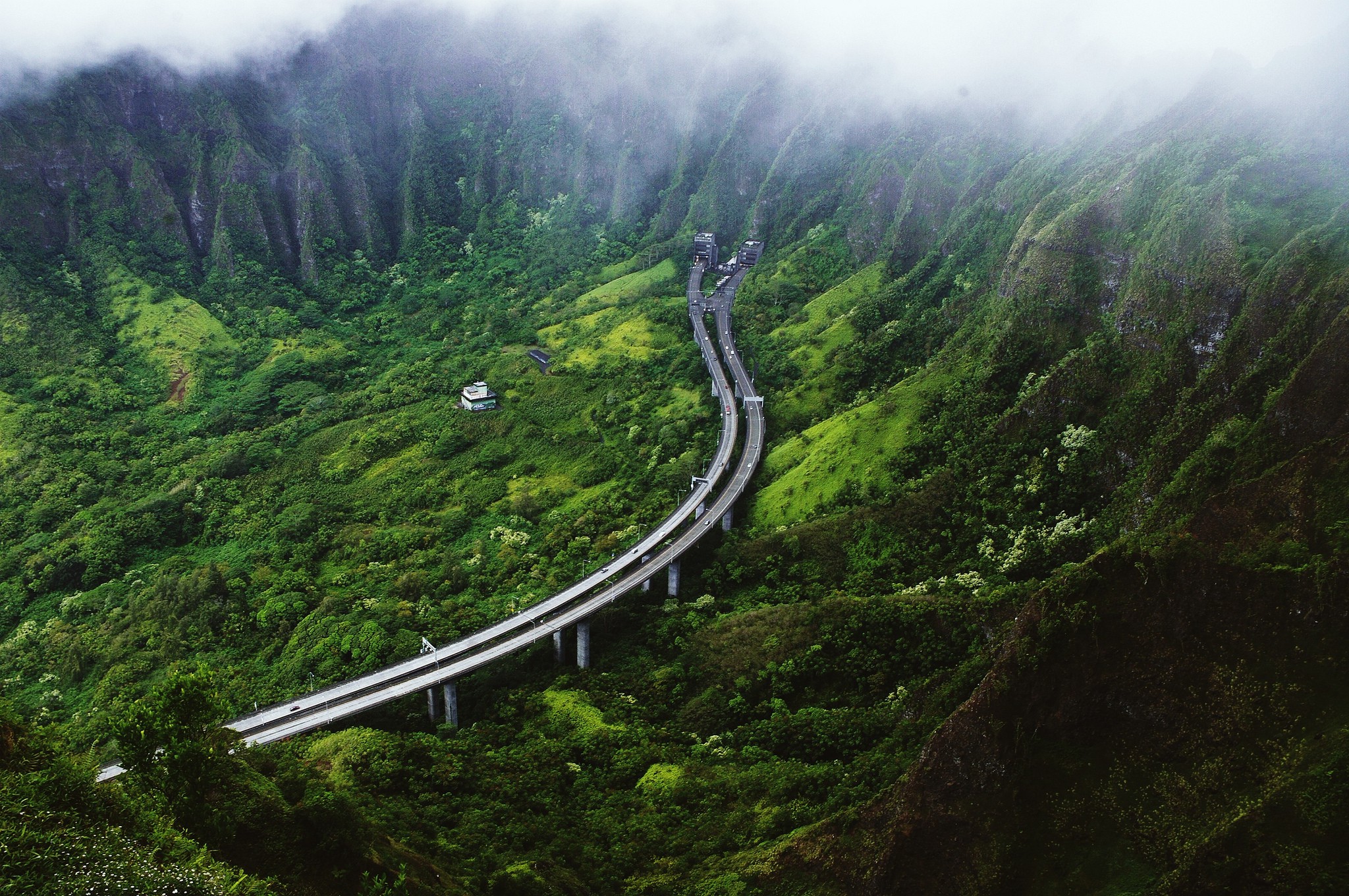 nature, Landscape, Trees, Bird's Eye View, Highway, Bridge, Mountain, Forest, House, Mist, Valley, Hill, Tropical Forest, Tunnel Wallpaper
