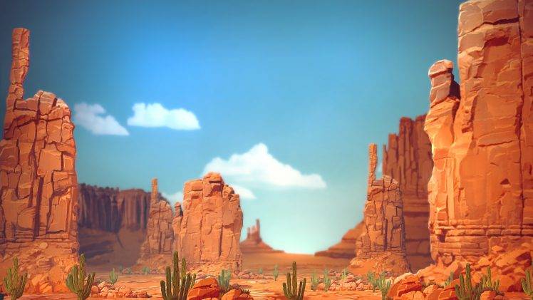 canyon, Digital Art, Landscape, Rock, Cactus, Artwork HD Wallpaper Desktop Background