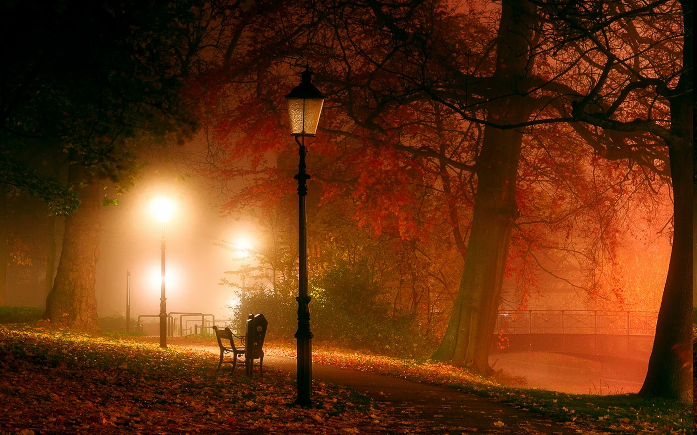 nature, Landscape, Park, Lantern, Trees, Night, Mist, Bench, Bridge, Leaves, Fall, Lights, Path, Atmosphere Wallpaper