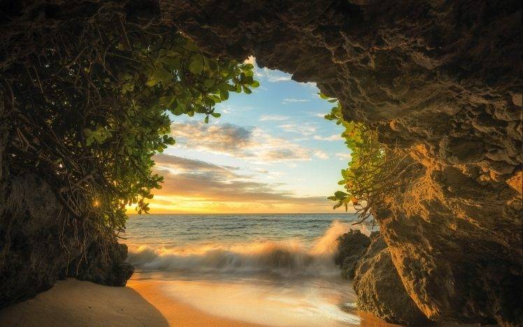 nature, Landscape, Beach, Cave, Sea, Sunset, Sand, Clouds, Maui, Island, Shrubs HD Wallpaper Desktop Background