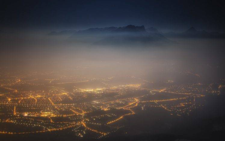 nature, Landscape, Salzburg, Austria, Cityscape, Lights, Mist, Mountain, Night HD Wallpaper Desktop Background