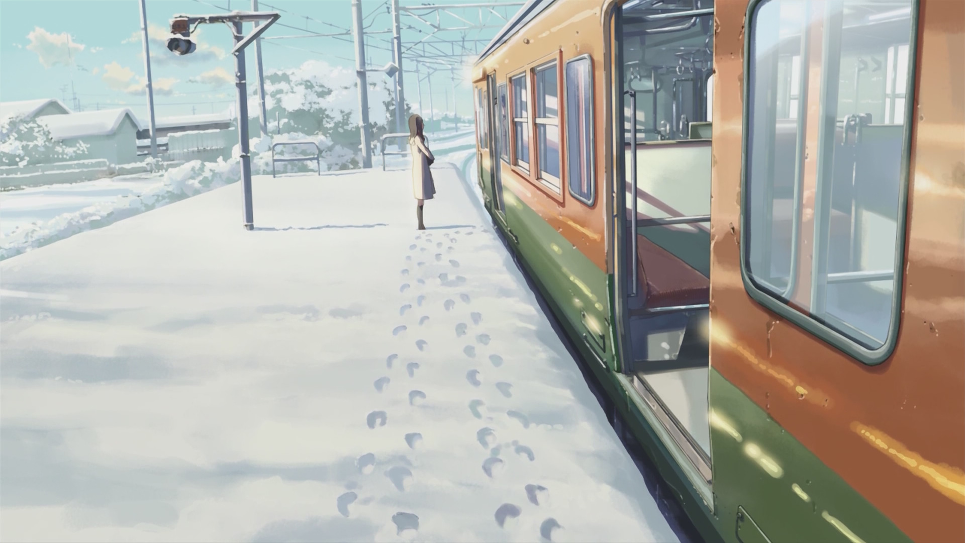 winter, Women, Train, Train Station, Anime, 5 Centimeters Per Second, Footprints, Snow, Makoto Shinkai Wallpaper