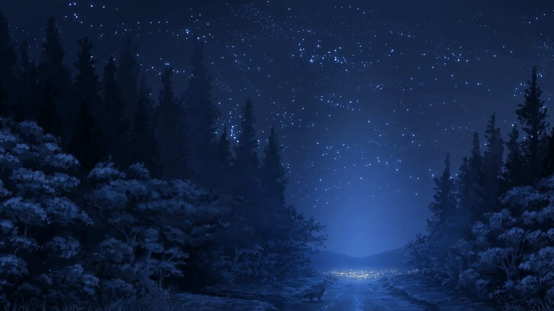 road, Stars, Night, Fox, Forest, Trees, Anime Wallpaper
