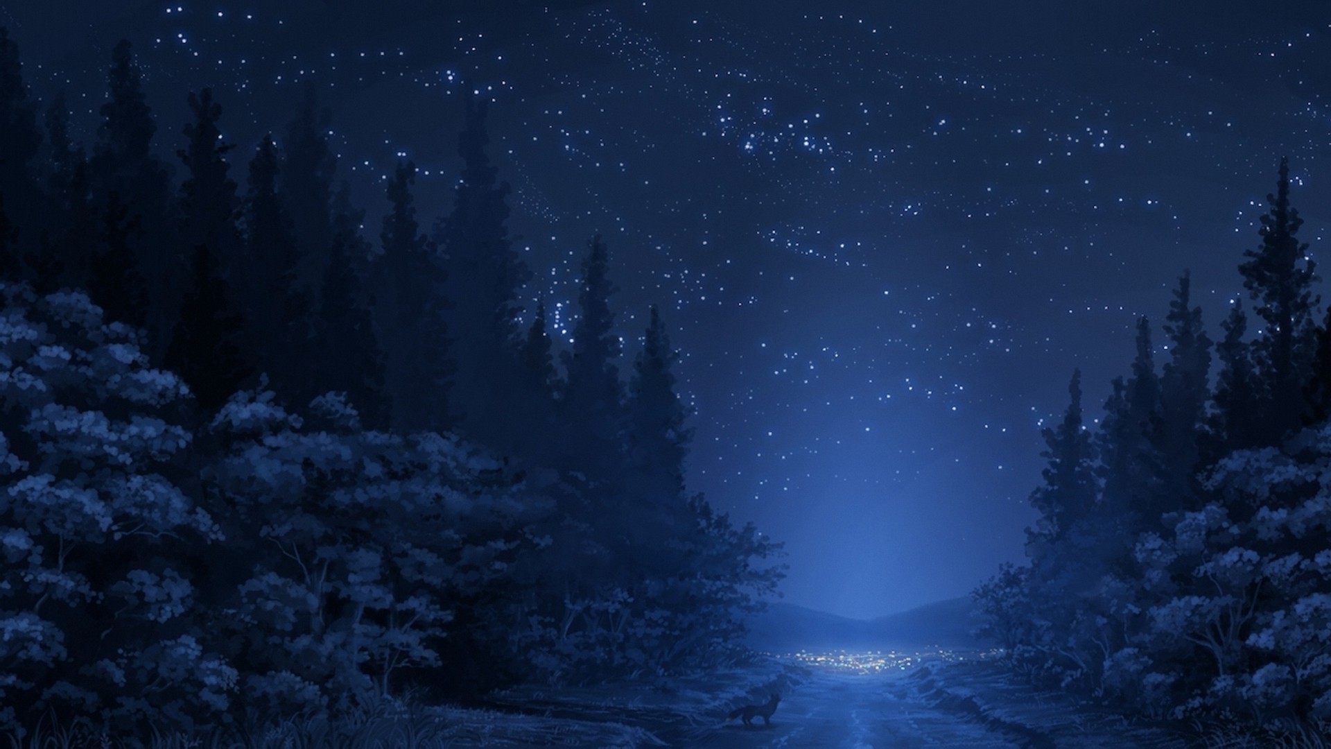 road, Stars, Night, Fox, Forest, Trees, Anime Wallpapers HD / Desktop