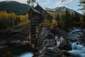 nature, Landscape, Mountain, Trees, Forest, Colorado, USA, Hill, Stream, Waterfall, Rock, Wood, House, Stones, Fall, Clouds, Long Exposure