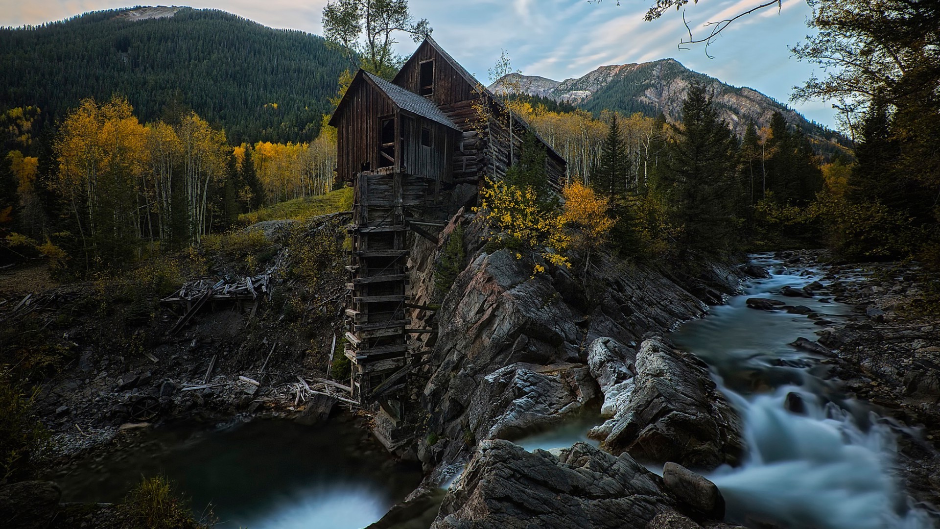 nature, Landscape, Mountain, Trees, Forest, Colorado, USA, Hill, Stream, Waterfall, Rock, Wood, House, Stones, Fall, Clouds, Long Exposure Wallpaper