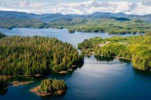 nature, Landscape, Lake, Mountain, Forest, Spring, Island, Alaska, Blue, Water, Clouds, Trees, Aerial View