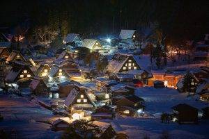landscape, Nature, Winter, Village, Night, Snow, Japan, House, Trees, Architecture, Lights