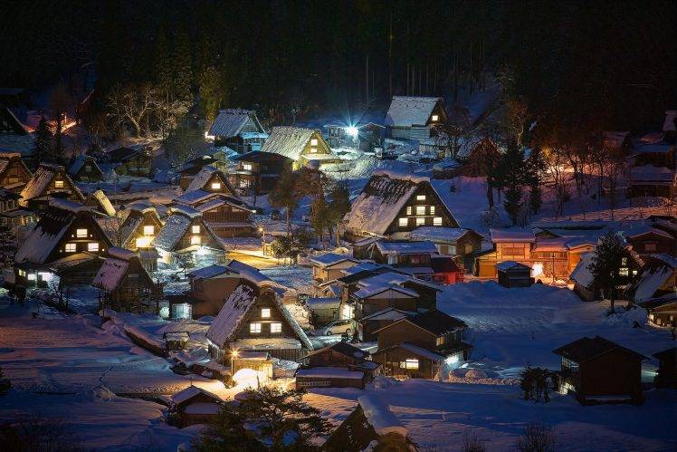 landscape, Nature, Winter, Village, Night, Snow, Japan, House, Trees, Architecture, Lights HD Wallpaper Desktop Background