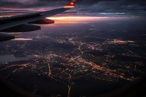 nature, Landscape, Airplane, Window, Cityscape, Clouds, Aerial View, Sunset, Lights, Sky, Flying
