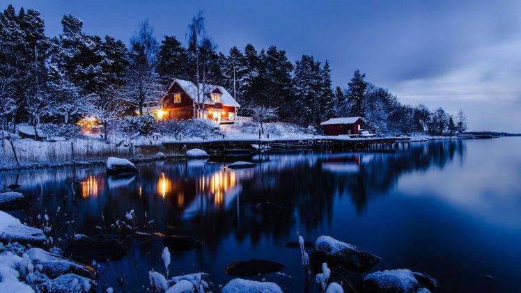 night, Cabin, Sweden, Snow, Winter, Landscape, Space HD Wallpaper Desktop Background
