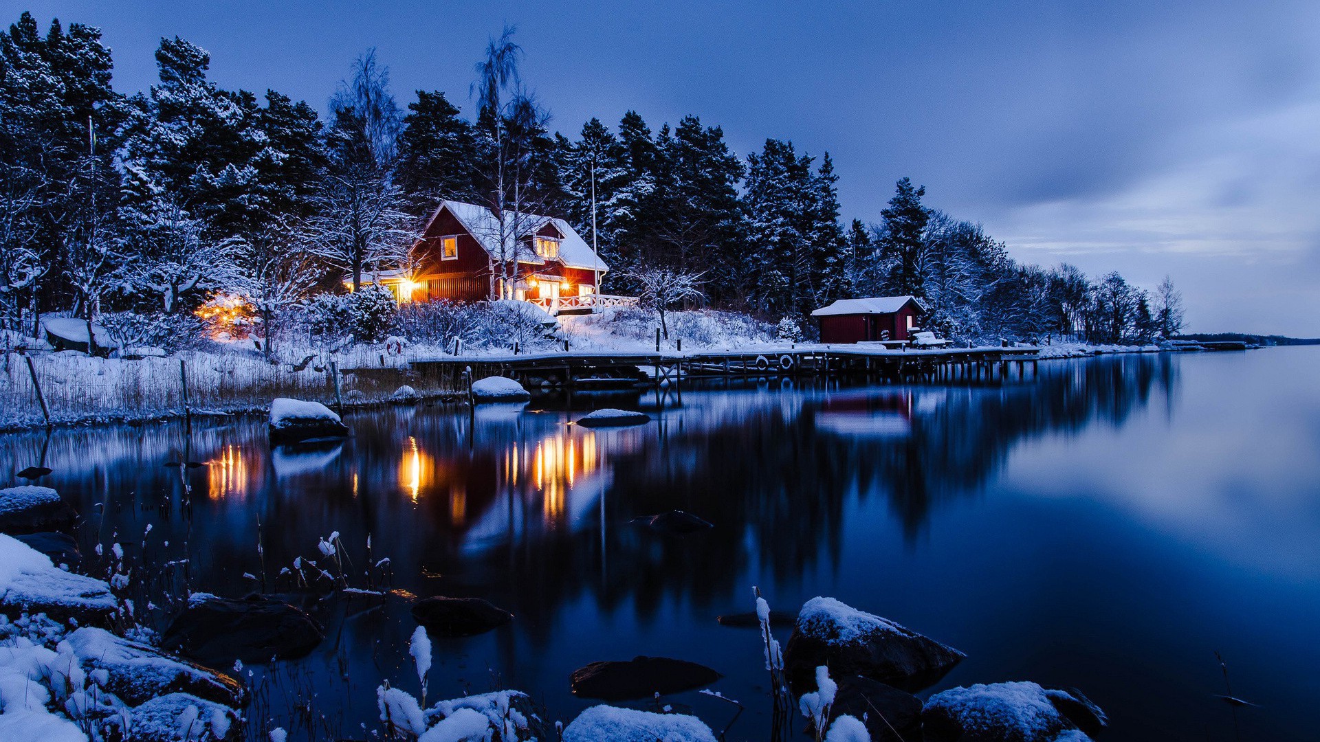 night-cabin-sweden-snow-winter-landscape-space-wallpapers-hd