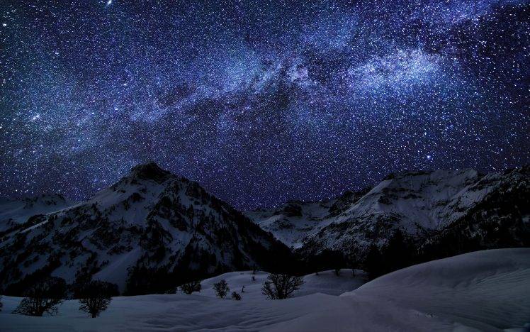 nature, Landscape, Mountain, Winter, Starry Night, Milky Way, Snow, Germany, Galaxy, Space, Long Exposure HD Wallpaper Desktop Background