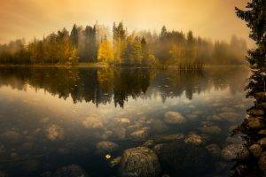 nature, Landscape, Lake, Mist, Forest, Sunrise, Fall, Water, Reflection, Trees, Stones, Calm, Finland
