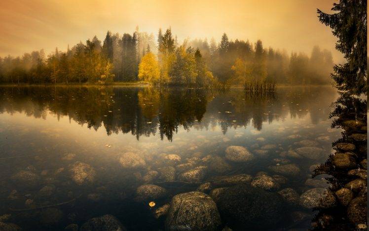 nature, Landscape, Lake, Mist, Forest, Sunrise, Fall, Water, Reflection, Trees, Stones, Calm, Finland HD Wallpaper Desktop Background