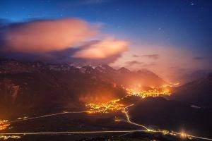 nature, Landscape, Starry Night, Lights, Mountain, Cityscape, Road, St. Moritz, Switzerland, Valley, Evening, Mist