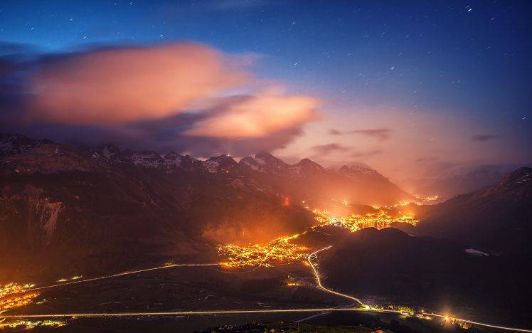 nature, Landscape, Starry Night, Lights, Mountain, Cityscape, Road, St. Moritz, Switzerland, Valley, Evening, Mist HD Wallpaper Desktop Background