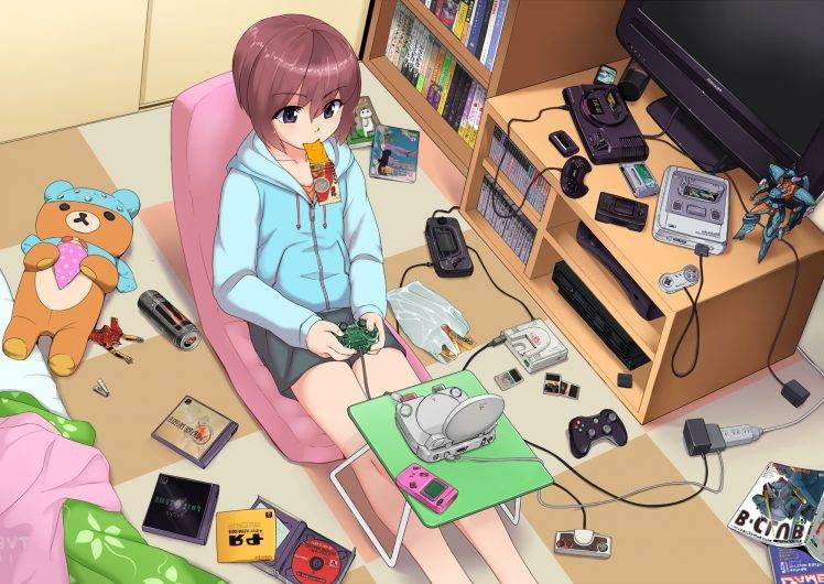 anime, Brunette, Purple Eyes, Room, Original Characters, PlayStation, Nintendo Entertainment System, Xbox 360, PlayStation 2 HD Wallpaper Desktop Background