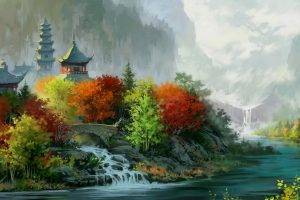 artwork, Painting, Digital Art, Asian Architecture, House, Tower, Nature, Landscape, River, Bridge, Waterfall, Trees, Forest, Valley, Mountain, Fall, Leaves