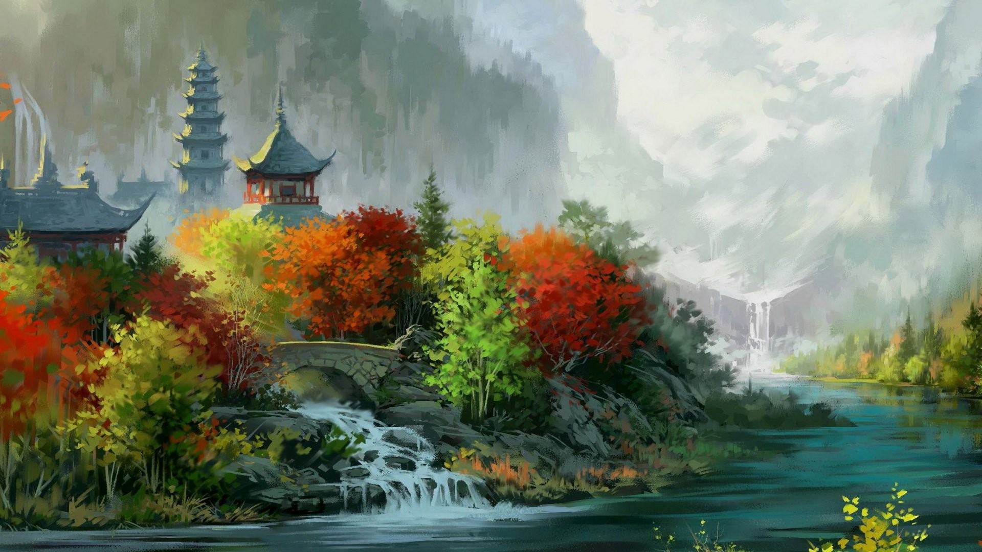 artwork, Painting, Digital Art, Asian Architecture, House, Tower, Nature, Landscape, River, Bridge, Waterfall, Trees, Forest, Valley, Mountain, Fall, Leaves Wallpaper