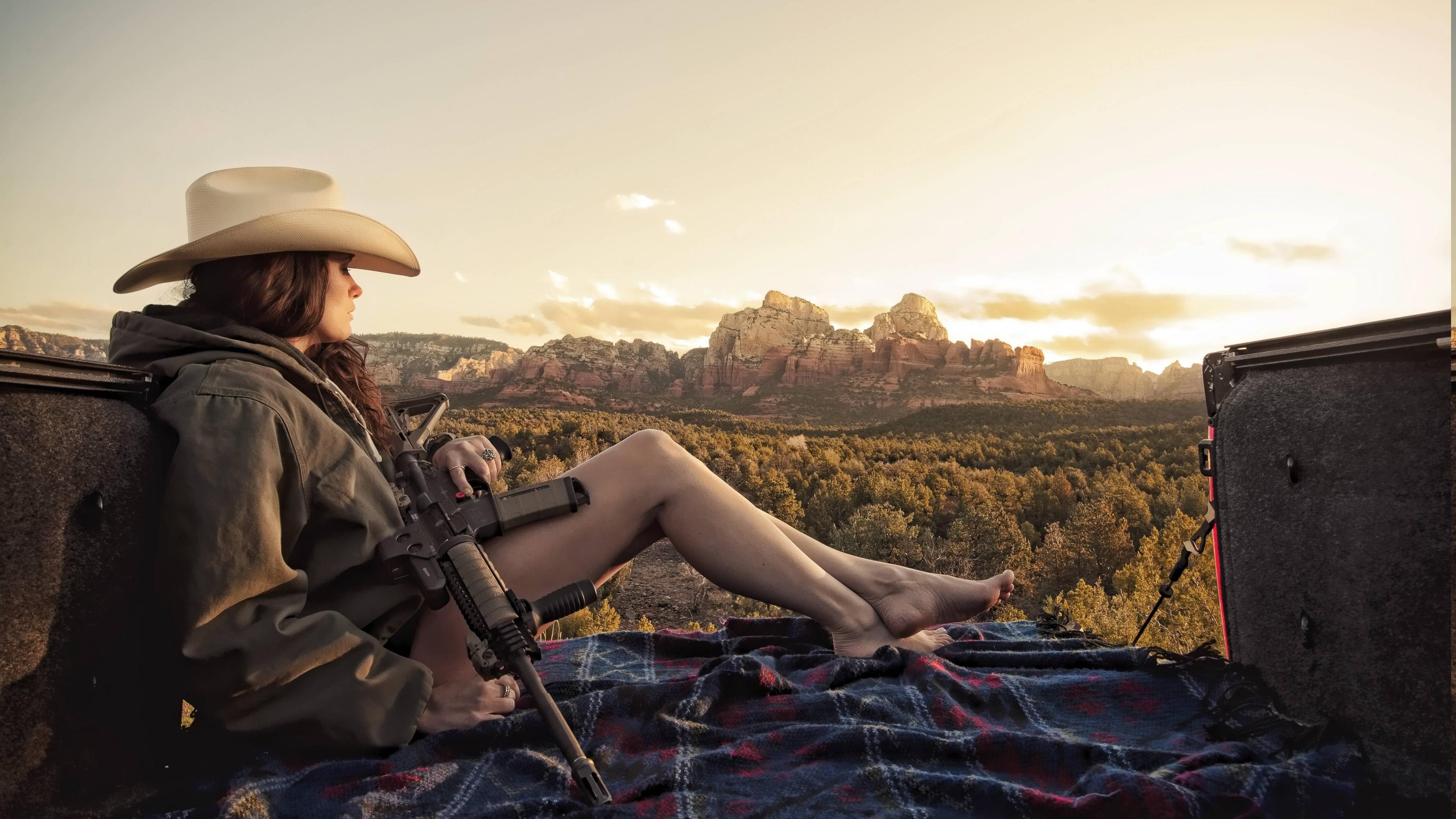 Women Landscape Legs Machine Gun Cowgirl Gun Women With Guns Brunette Wallpapers Hd