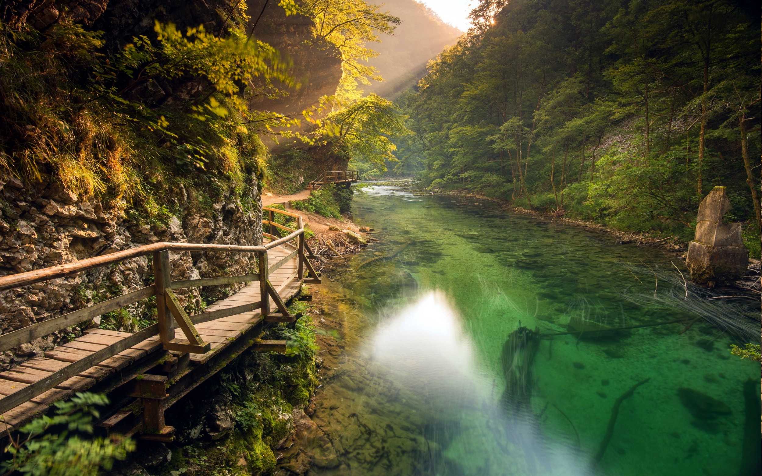 nature, Landscape, River, Walkway, Mountain, Path, Forest, Shrubs, Sun Rays, Slovenia Wallpaper