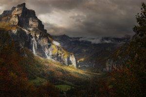 nature, Landscape, Mountain, Fall, Forest, France, Alps, Waterfall, Clouds, Leaves, Daylight, Village