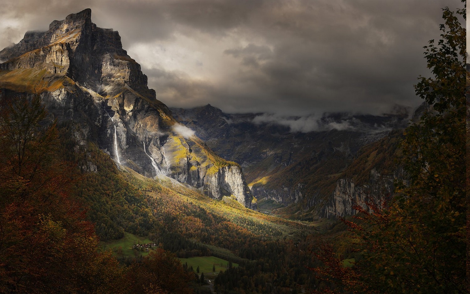 nature, Landscape, Mountain, Fall, Forest, France, Alps, Waterfall, Clouds, Leaves, Daylight, Village Wallpaper