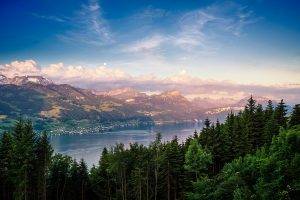 nature, Landscape, Lake, Mountain, Forest, Sunset, Summer, City, Switzerland, Clouds, Trees