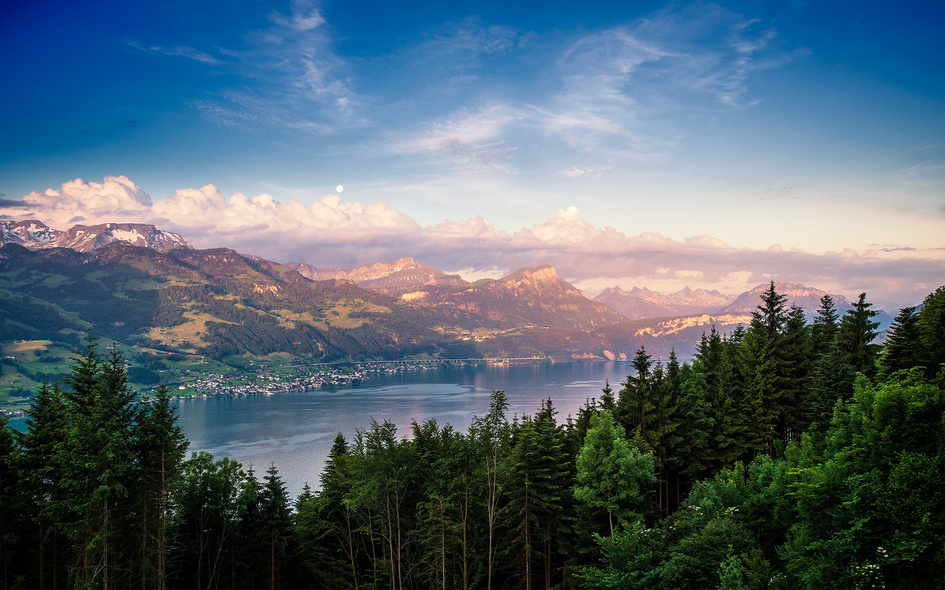 nature, Landscape, Lake, Mountain, Forest, Sunset, Summer, City, Switzerland, Clouds, Trees Wallpaper