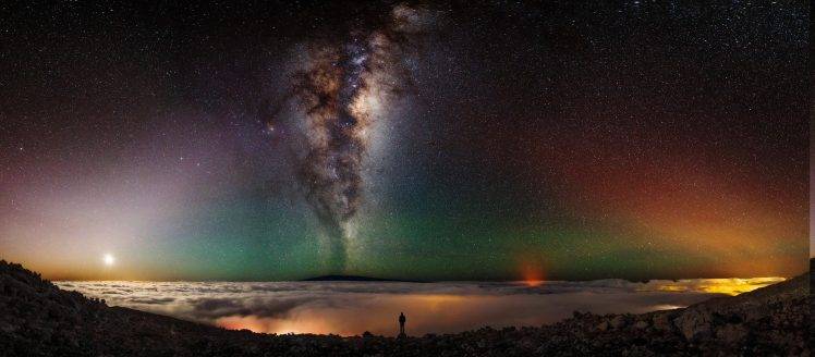 landscape, Nature, Milky Way, Volcano, Clouds, Starry Night, Hawaii, Lights, Mist, Long Exposure, Panoramas, Space, Galaxy HD Wallpaper Desktop Background