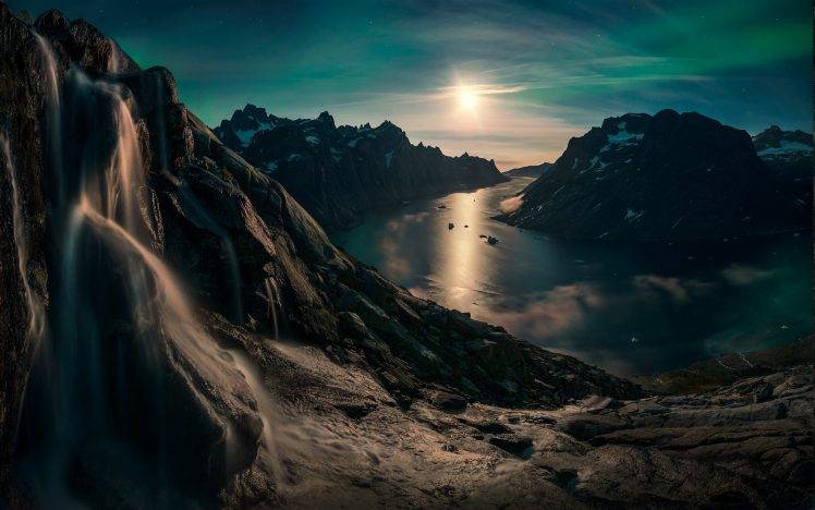 nature, Landscape, Moon, Waterfall, Sky, Mountain, Fjord, Snowy Peak, Greenland, Moonlight, Reflection, Stars, Nude HD Wallpaper Desktop Background