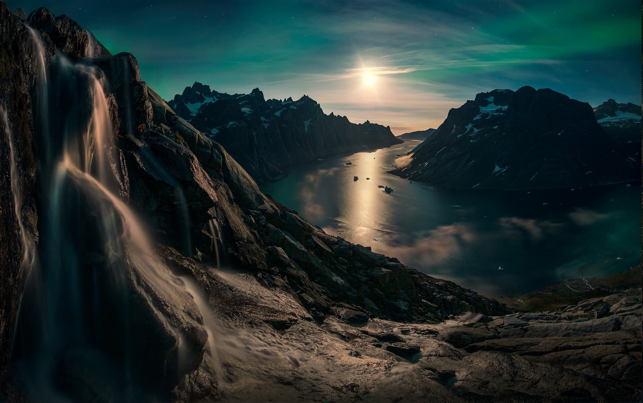 nature, Landscape, Moon, Waterfall, Sky, Mountain, Fjord, Snowy Peak, Greenland, Moonlight, Reflection, Stars, Nude Wallpaper