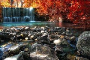 nature, Landscape, Fall, River, Pond, Trees, Italy, Waterfall, Stones, Forest, Sunlight, Red, Yellow, Leaves, Colorful