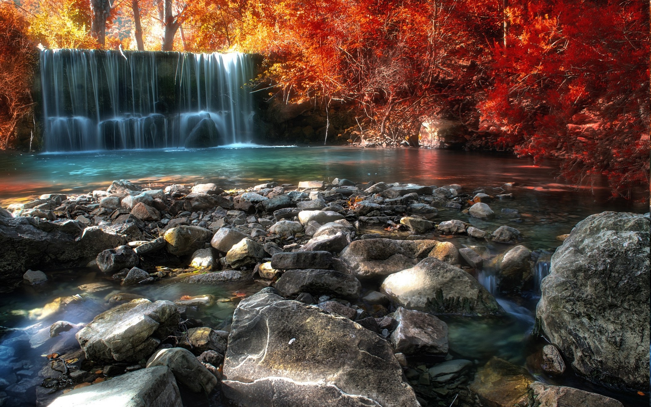 nature, Landscape, Fall, River, Pond, Trees, Italy, Waterfall, Stones, Forest, Sunlight, Red, Yellow, Leaves, Colorful Wallpaper