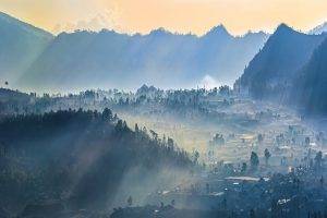 mist, Sunrise, Nature, Village, Mountain, Sun Rays, Landscape, Trees, Indonesia, Forest, Valley